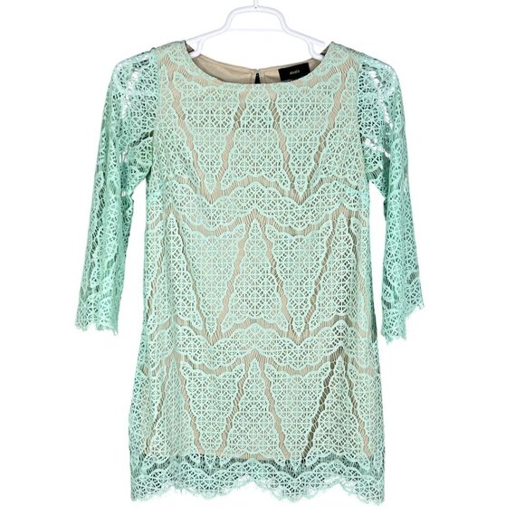 Maia Women 4 Kelly Green Dress Lace Overlay 3/4 Sleeve Nude Lining Scalloped Hem - Picture 9 of 16